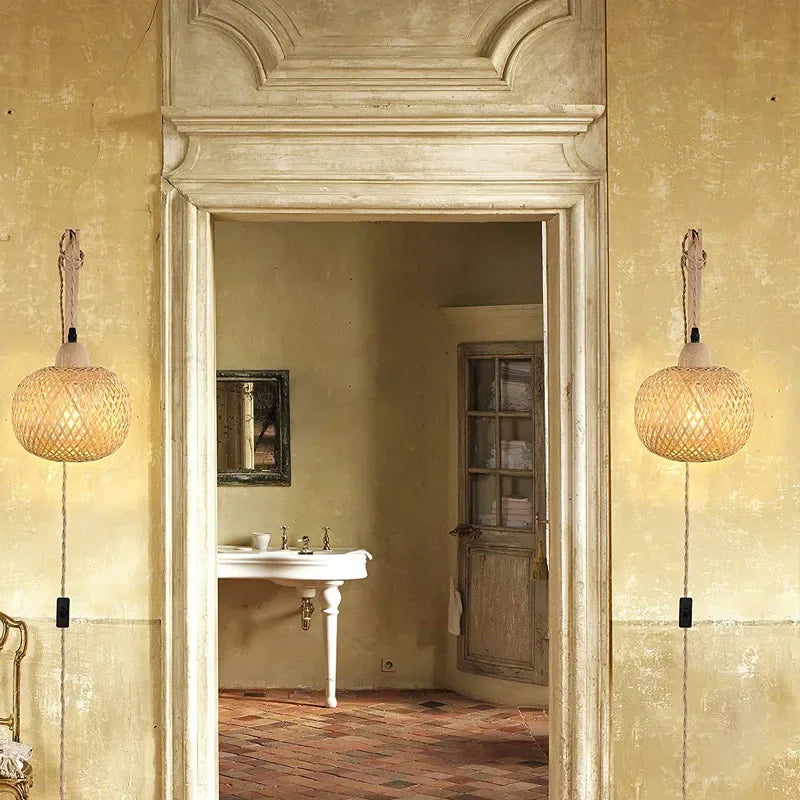 Natural Hand-Woven Bamboo Wall Lamp (Plug-in)
