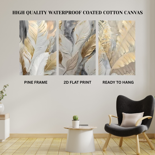 3pce Luxurious Golden Leaves Canvas Art (framed)