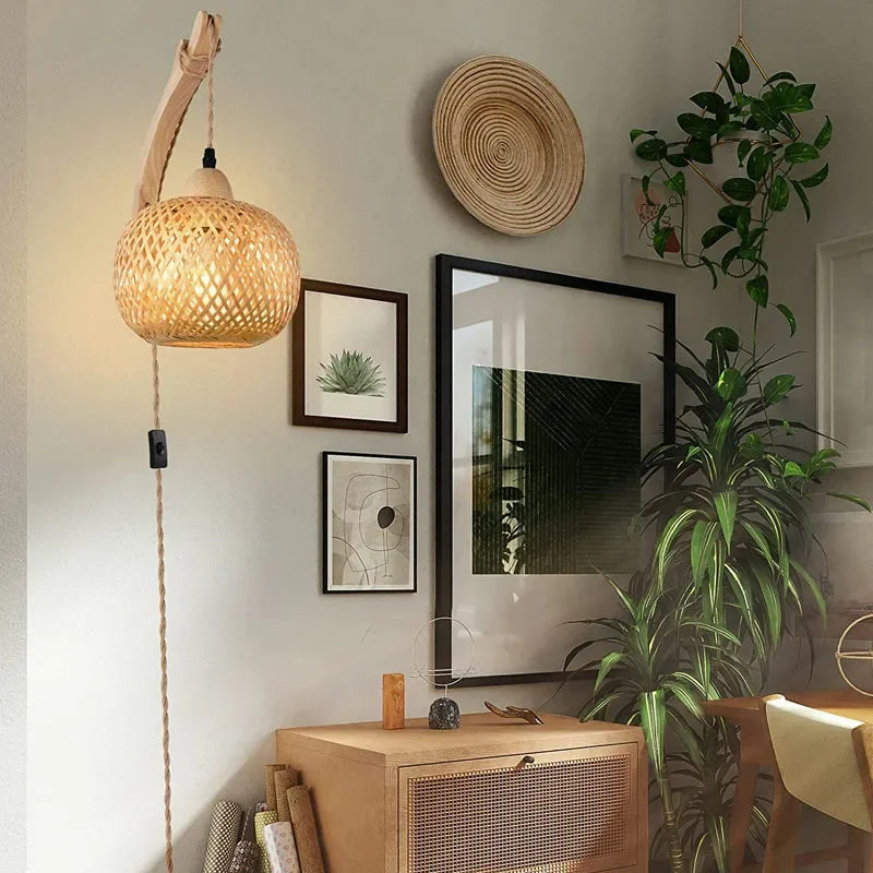 Natural Hand-Woven Bamboo Wall Lamp (Plug-in)