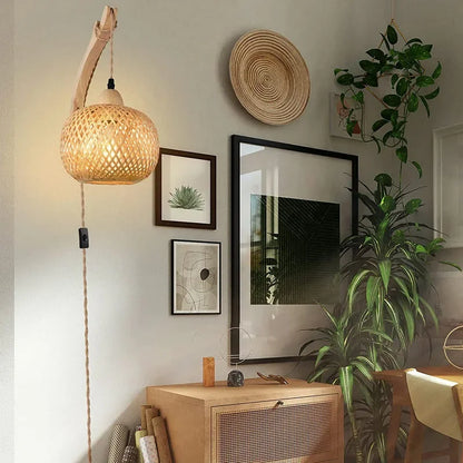 Natural Hand-Woven Bamboo Wall Lamp (Plug-in)