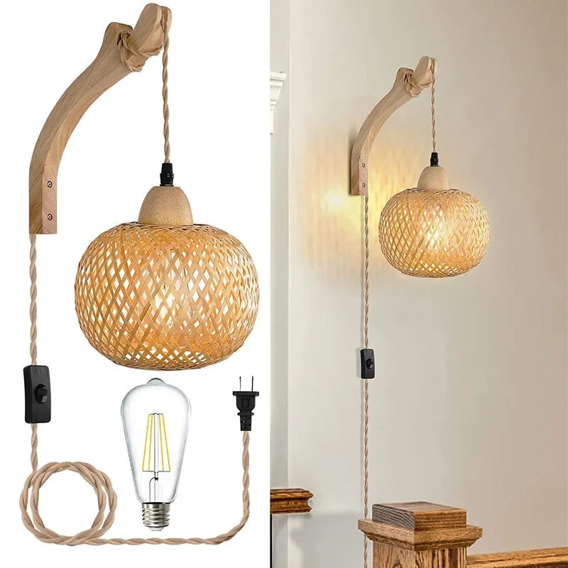 Natural Hand-Woven Bamboo Wall Lamp (Plug-in)