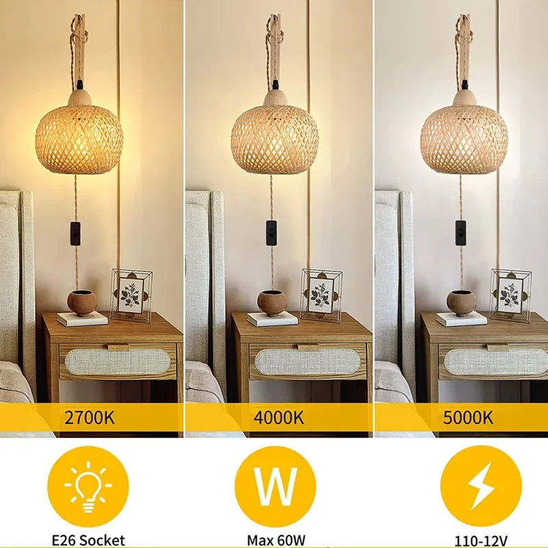 Natural Hand-Woven Bamboo Wall Lamp (Plug-in)
