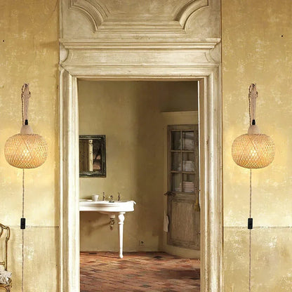 Natural Hand-Woven Bamboo Wall Lamp (Plug-in)