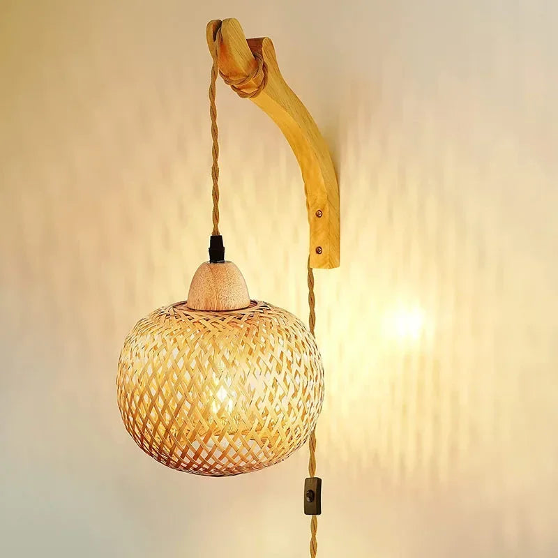 Natural Hand-Woven Bamboo Wall Lamp (Plug-in)